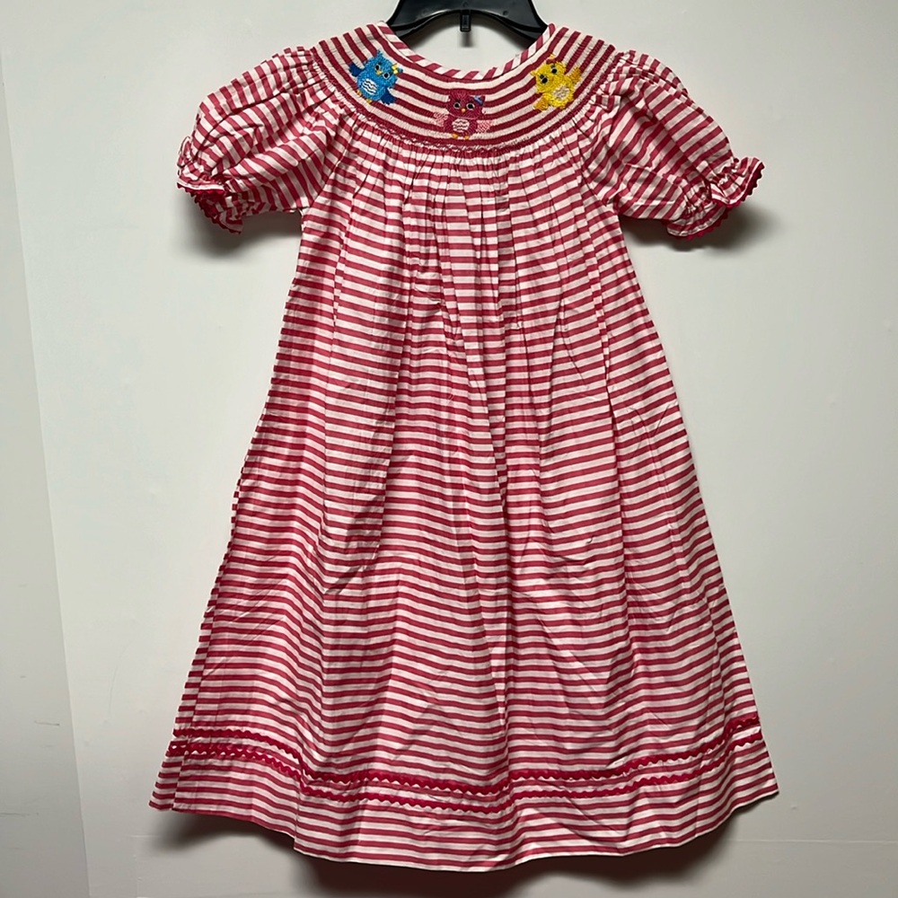 NWT Tiaras and Frogs Smocked Dress  Pink & White Stripe Embroidered Owls Size 6T